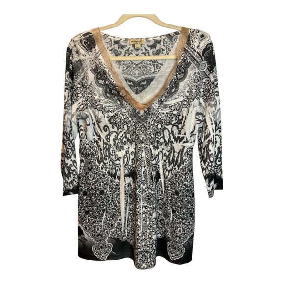 One World Blouse Women's Size Large Tunic Embellished Knit Black White - Picture 1 of 4